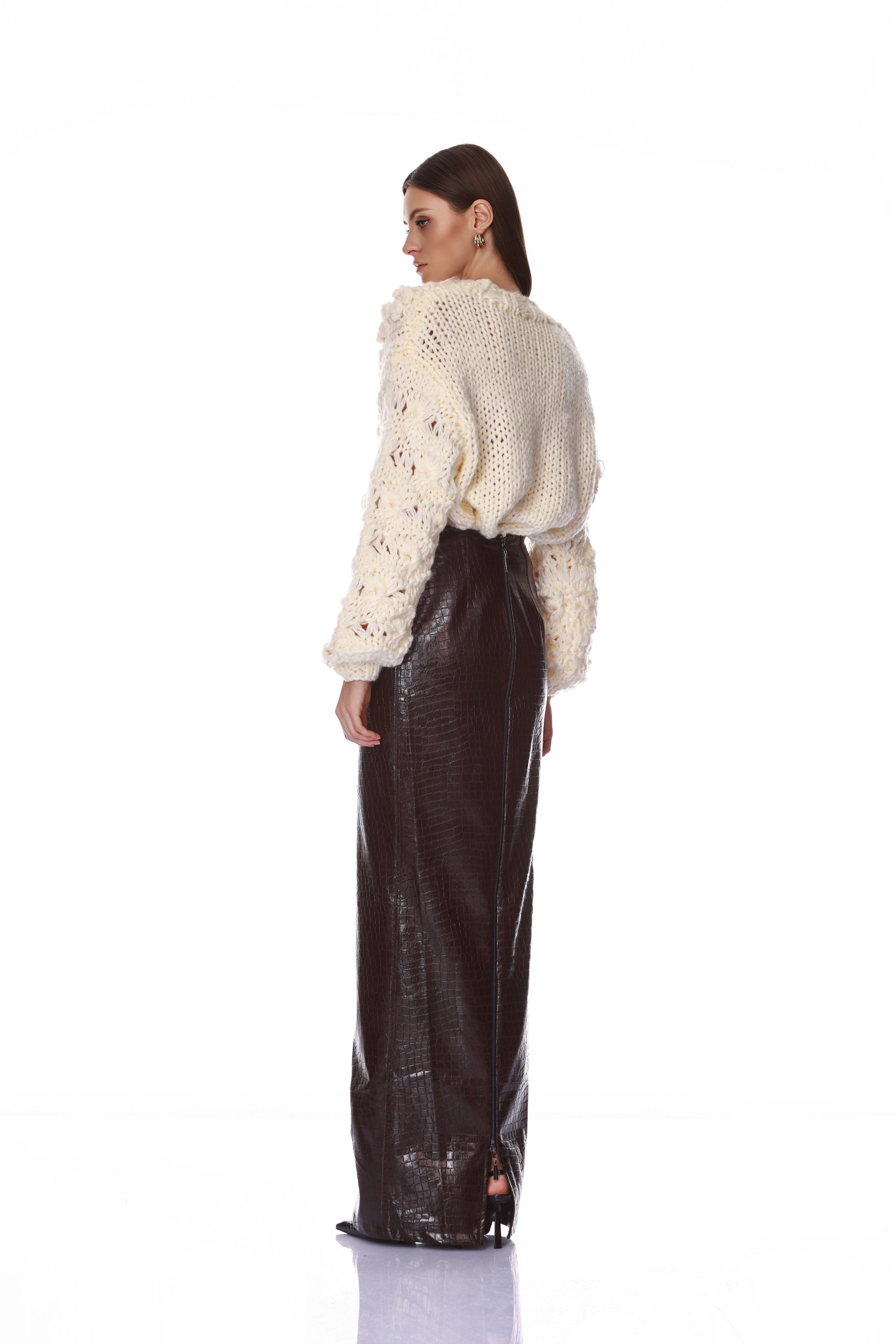 Woven Leather Trench Coat + Cable Knit Sweater + Vegan Croc Embossed Shorts