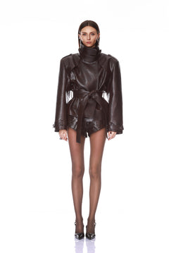 Look 2: Vegan Croc Embossed Belted Jacket + Asymmetrical Lace Maxi Skirt