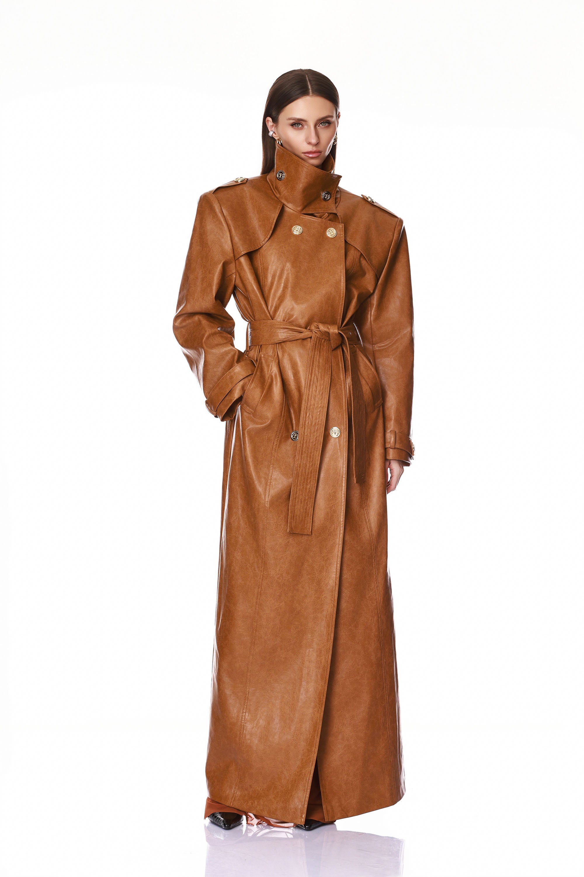 Vegan Camel Leather Trench Coat