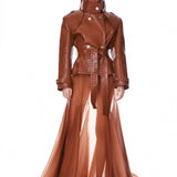 Look 1: Vegan Croc Embossed Brown Biker Jacket + Camel Chiffon Maxi Skirt