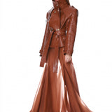 Look 1: Vegan Croc Embossed Brown Biker Jacket + Camel Chiffon Maxi Skirt