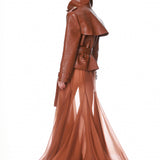 Look 1: Vegan Croc Embossed Brown Biker Jacket + Camel Chiffon Maxi Skirt
