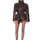 Look 2: Vegan Croc Embossed Belted Jacket + Asymmetrical Lace Maxi Skirt