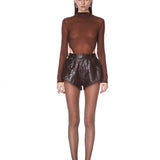 Look 12: Woven Leather Trench Coat + Cable Knit Sweater + Vegan Croc Embossed Shorts