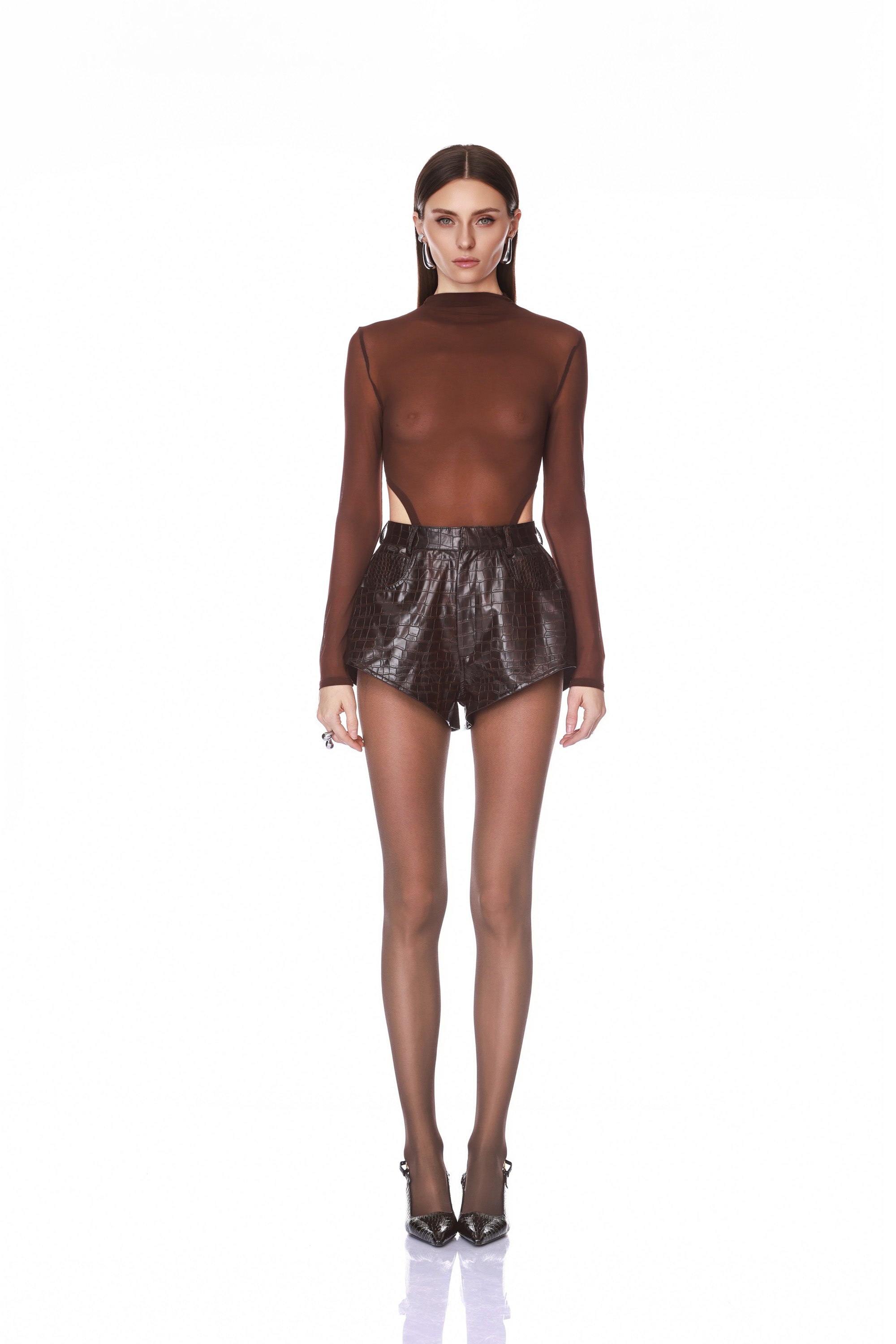 Woven Leather Trench Coat + Cable Knit Sweater + Vegan Croc Embossed Shorts