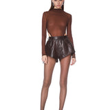 Look 12: Woven Leather Trench Coat + Cable Knit Sweater + Vegan Croc Embossed Shorts