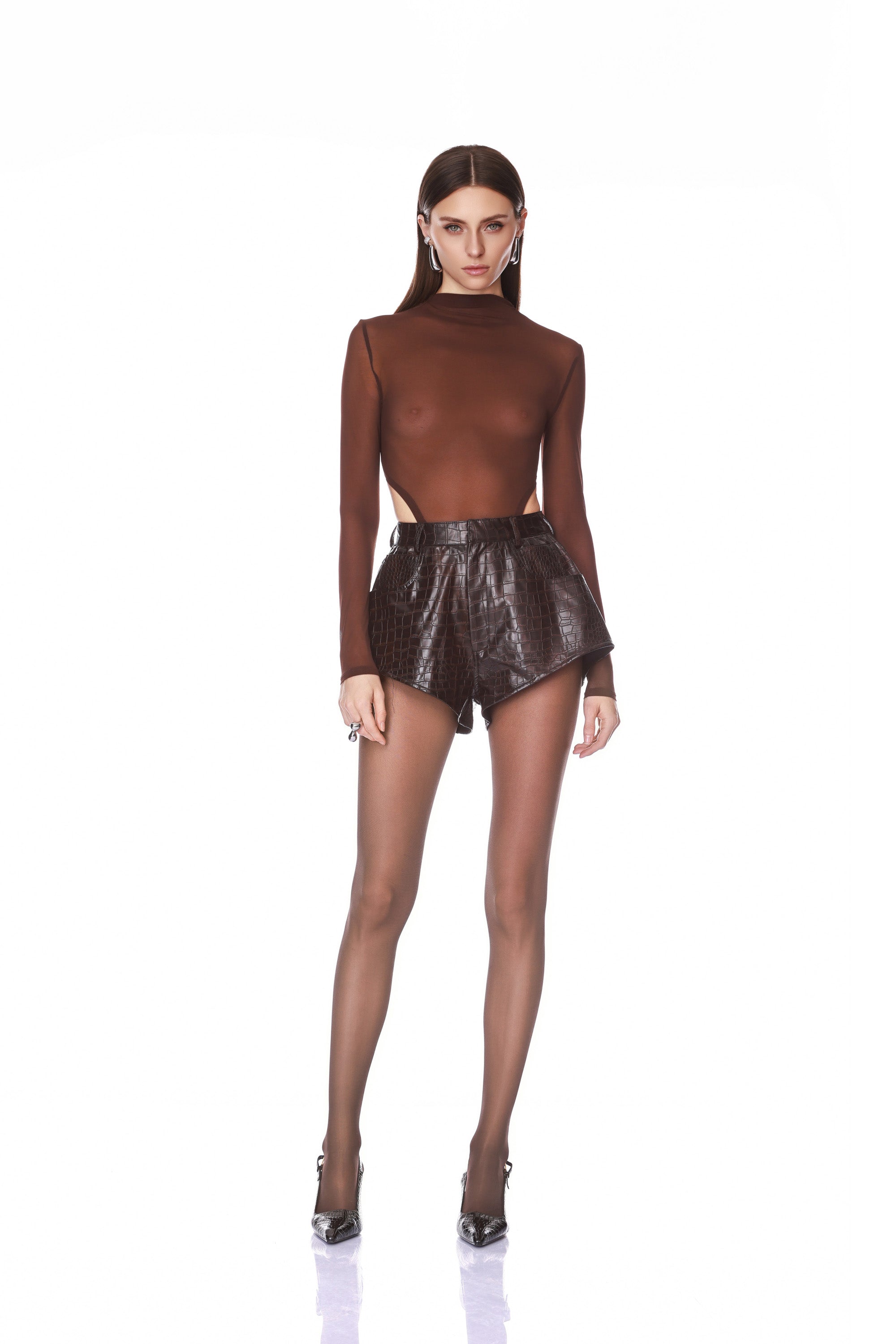 Woven Leather Trench Coat + Cable Knit Sweater + Vegan Croc Embossed Shorts