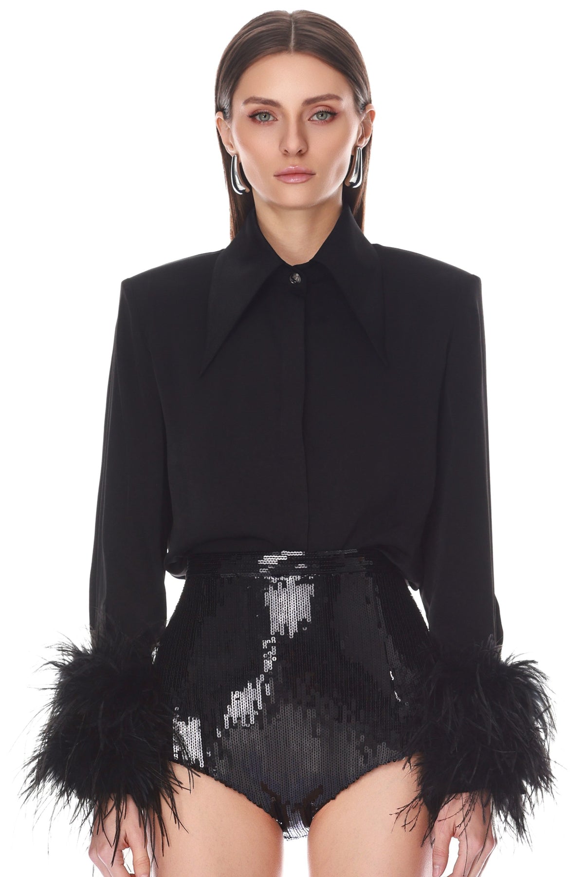 Button Down Blouse with Feather Cuffs Close Up