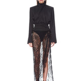 Look 2: Vegan Croc Embossed Belted Jacket + Asymmetrical Lace Maxi Skirt