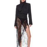 Look 2: Vegan Croc Embossed Belted Jacket + Asymmetrical Lace Maxi Skirt