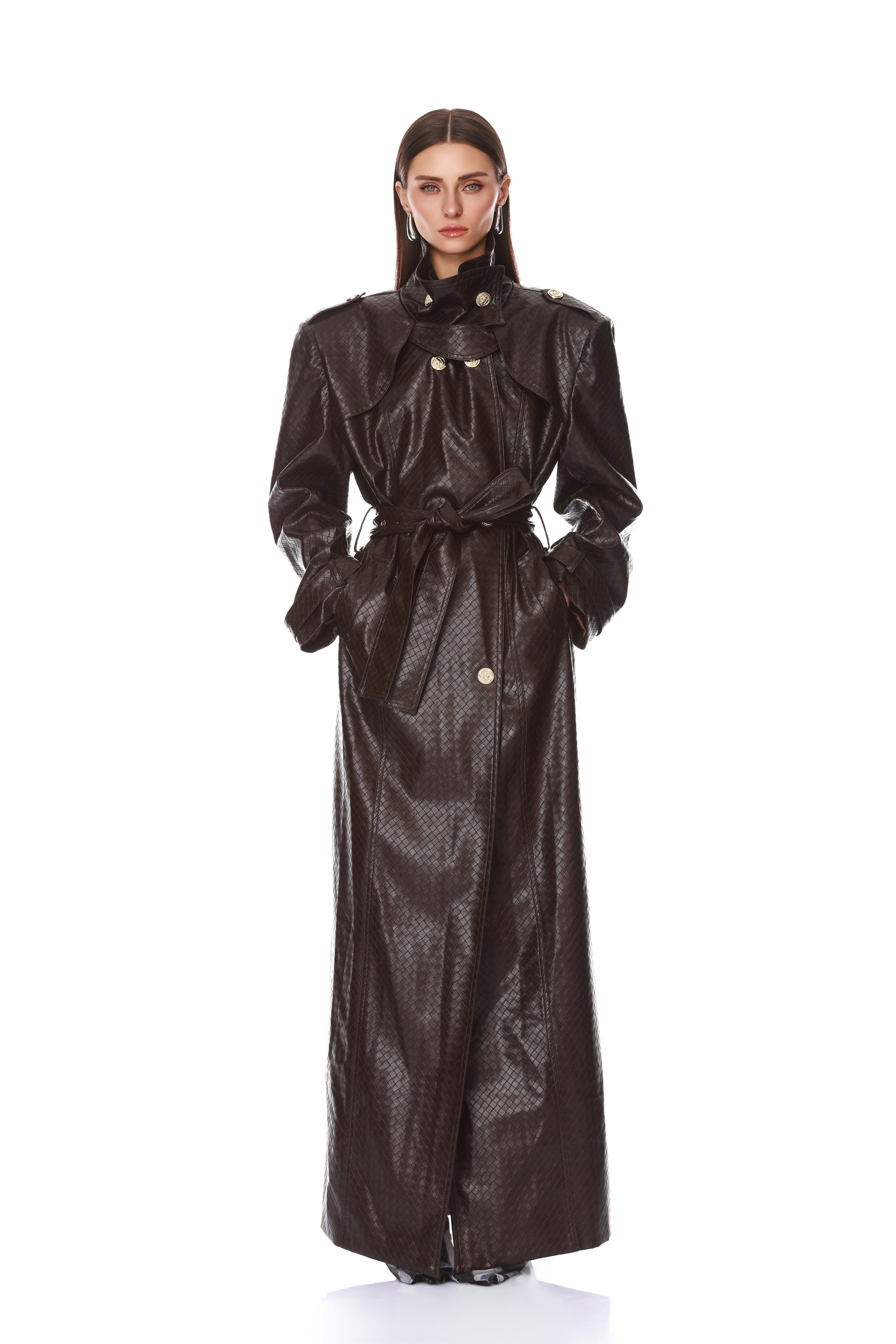 Woven Leather Trench Coat + Cable Knit Sweater + Vegan Croc Embossed Shorts