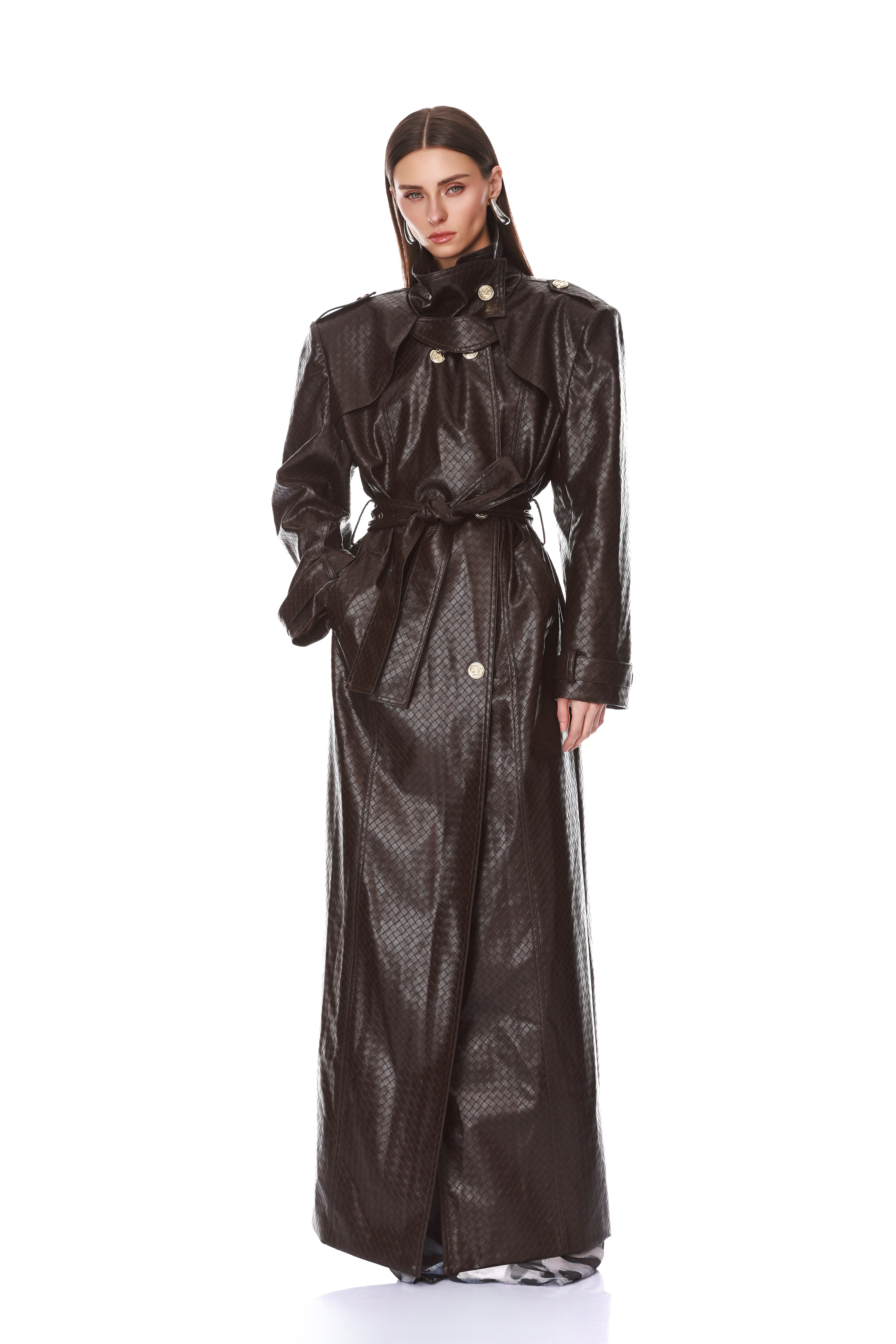 Woven Leather Trench Coat + Cable Knit Sweater + Vegan Croc Embossed Shorts