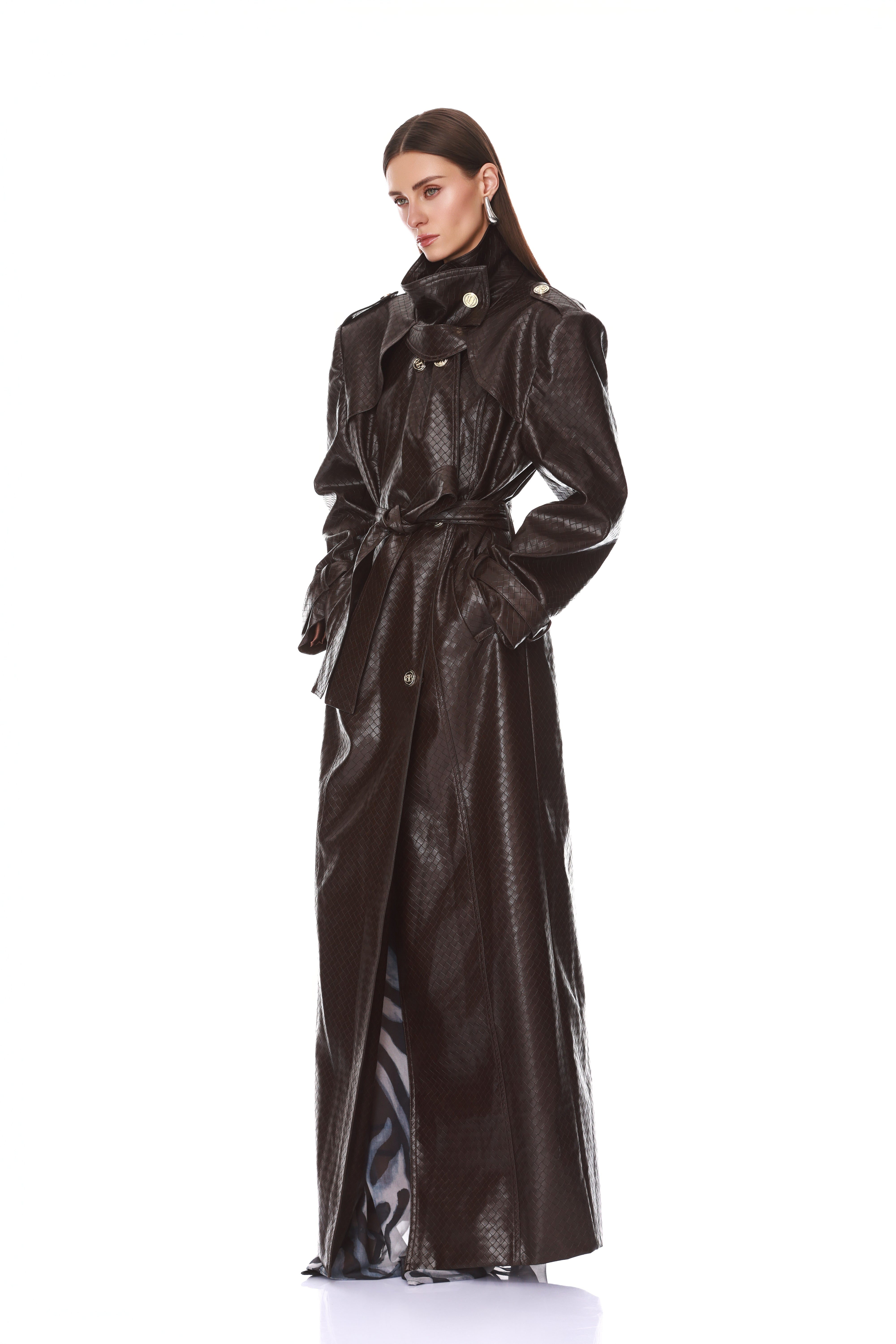 Woven Leather Trench Coat + Cable Knit Sweater + Vegan Croc Embossed Shorts