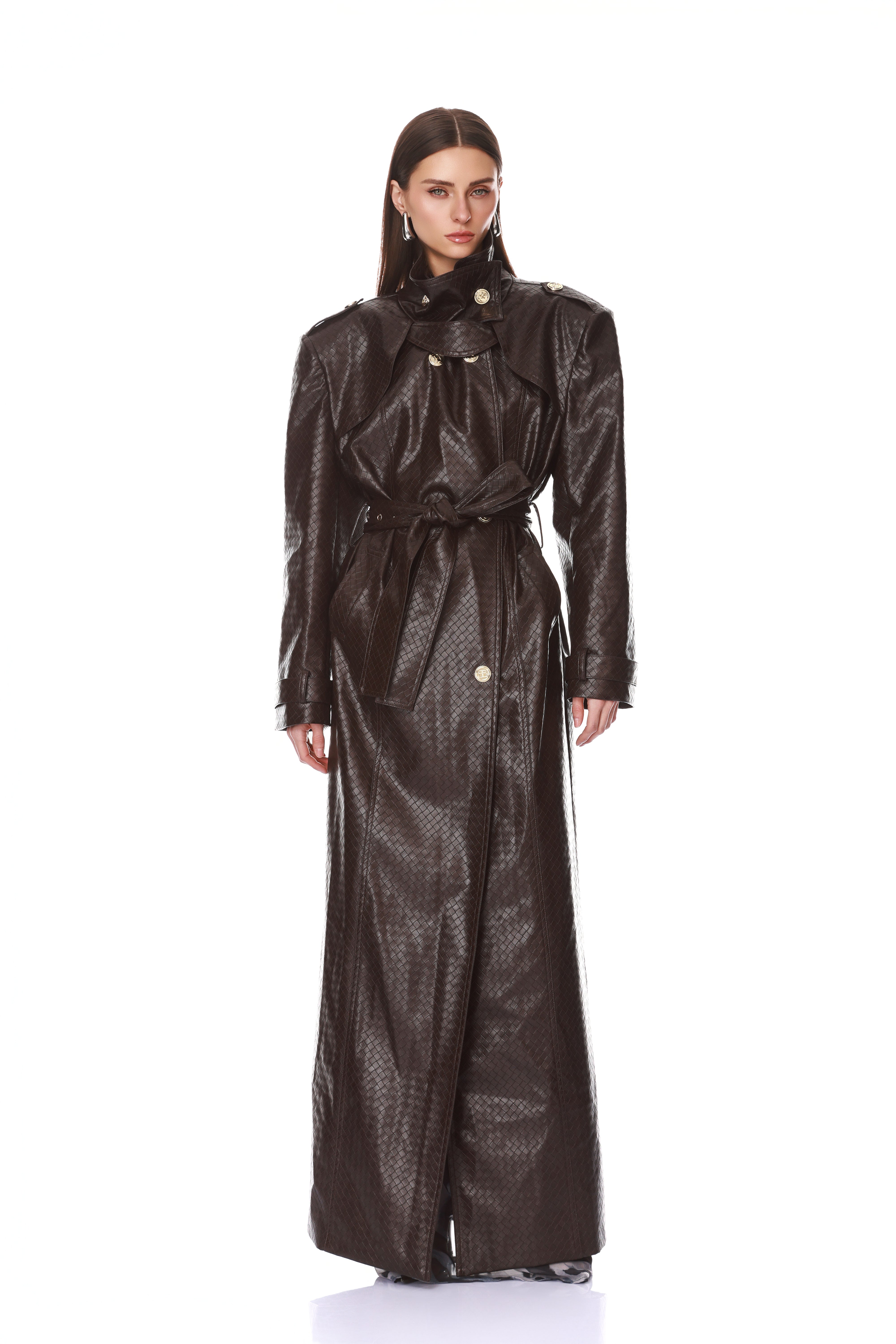 Woven Leather Trench Coat + Cable Knit Sweater + Vegan Croc Embossed Shorts
