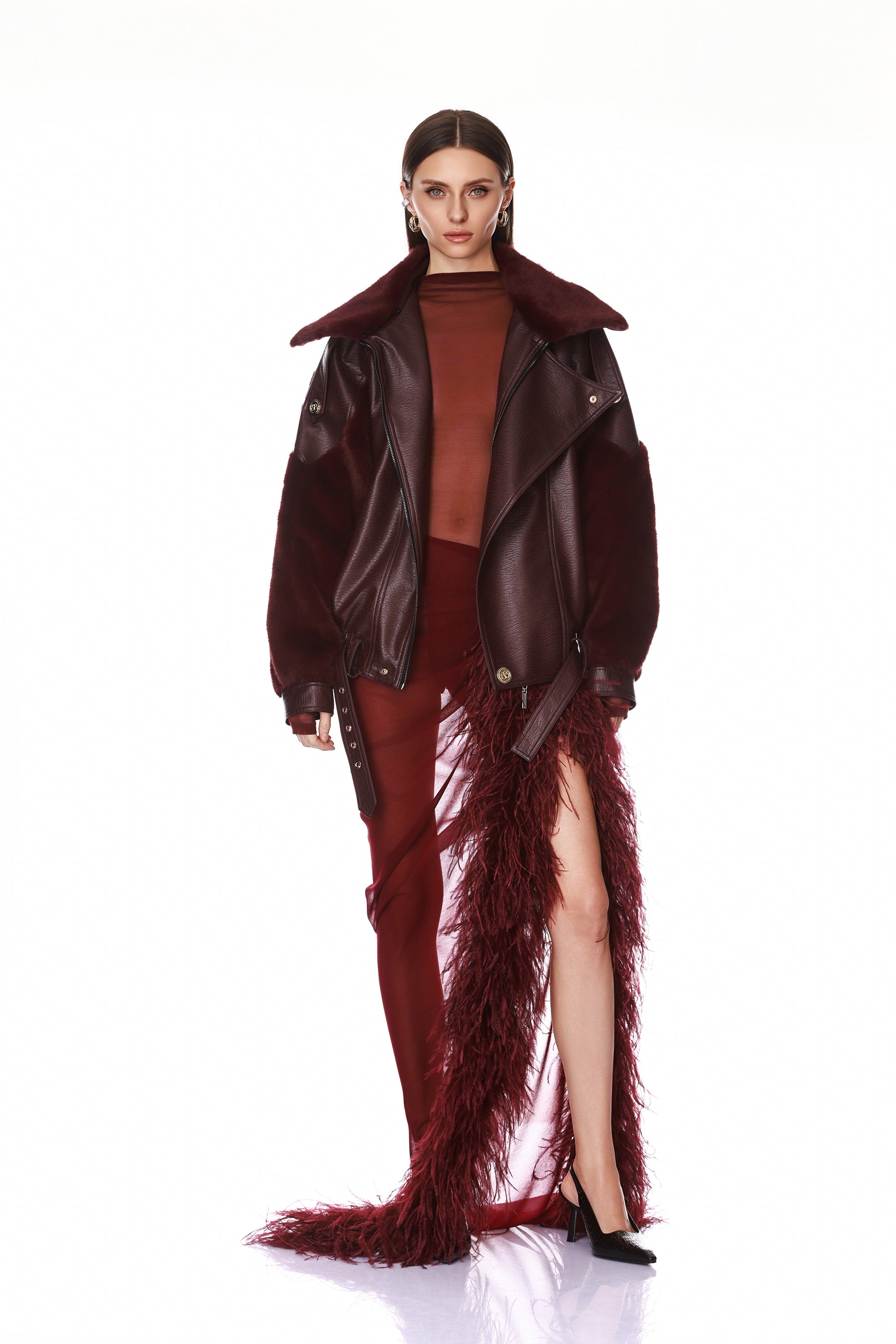 Two Tone Vegan Faux Fur & Leather Jacket + Gaia Mesh Burgundy Long Sleeve Bodysuit + Elle Burgundy Skirt
