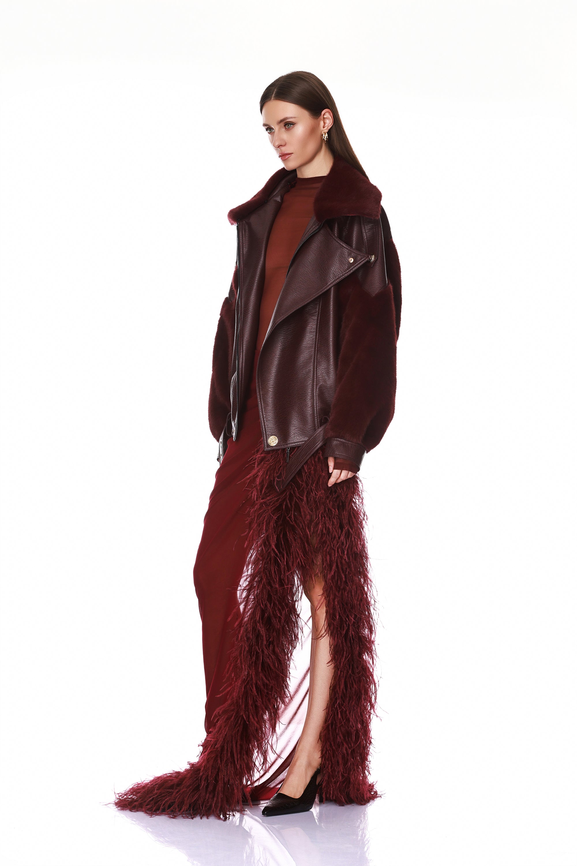 Two Tone Vegan Faux Fur & Leather Jacket + Gaia Mesh Burgundy Long Sleeve Bodysuit + Elle Burgundy Skirt