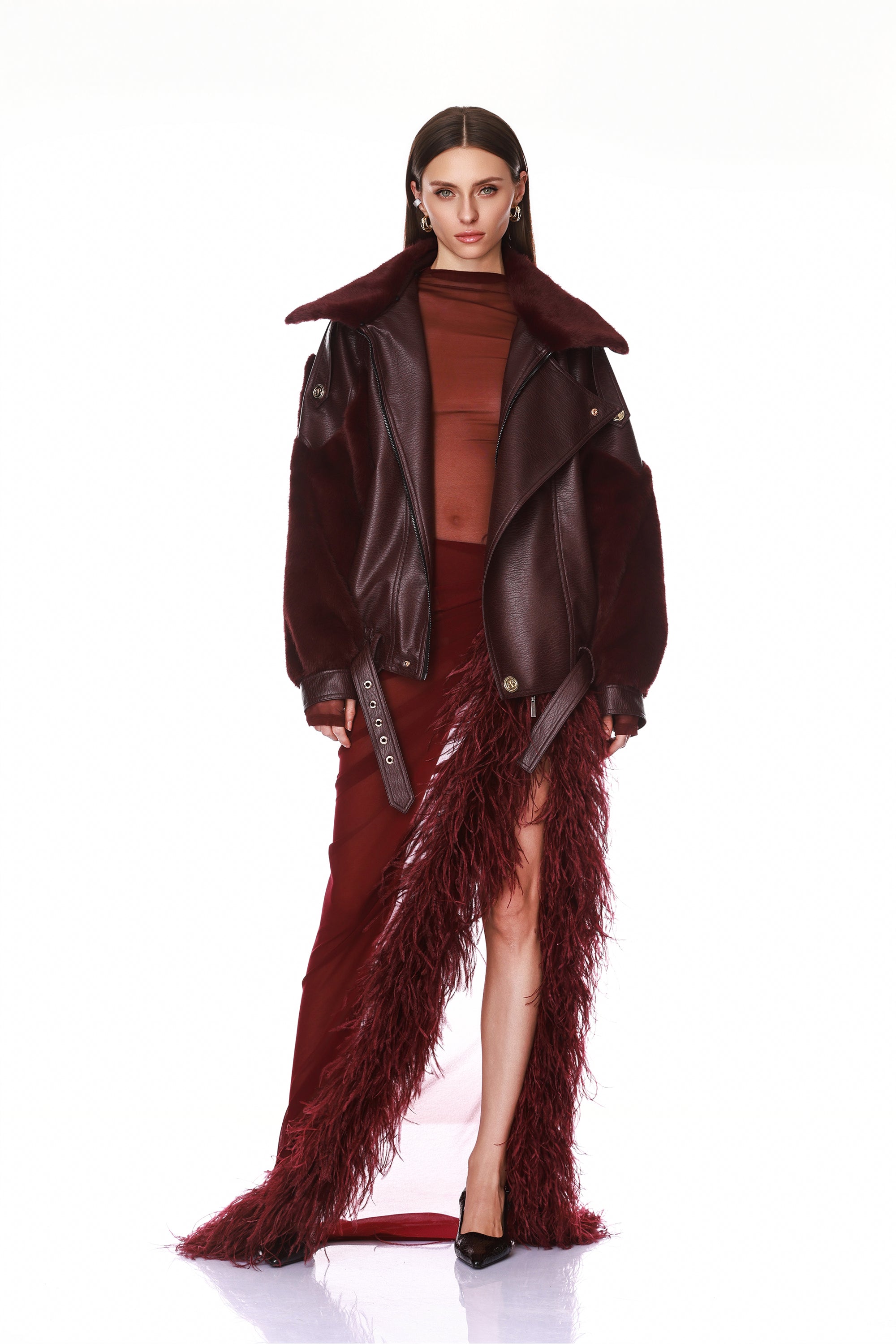 Two Tone Vegan Faux Fur & Leather Jacket + Gaia Mesh Burgundy Long Sleeve Bodysuit + Elle Burgundy Skirt
