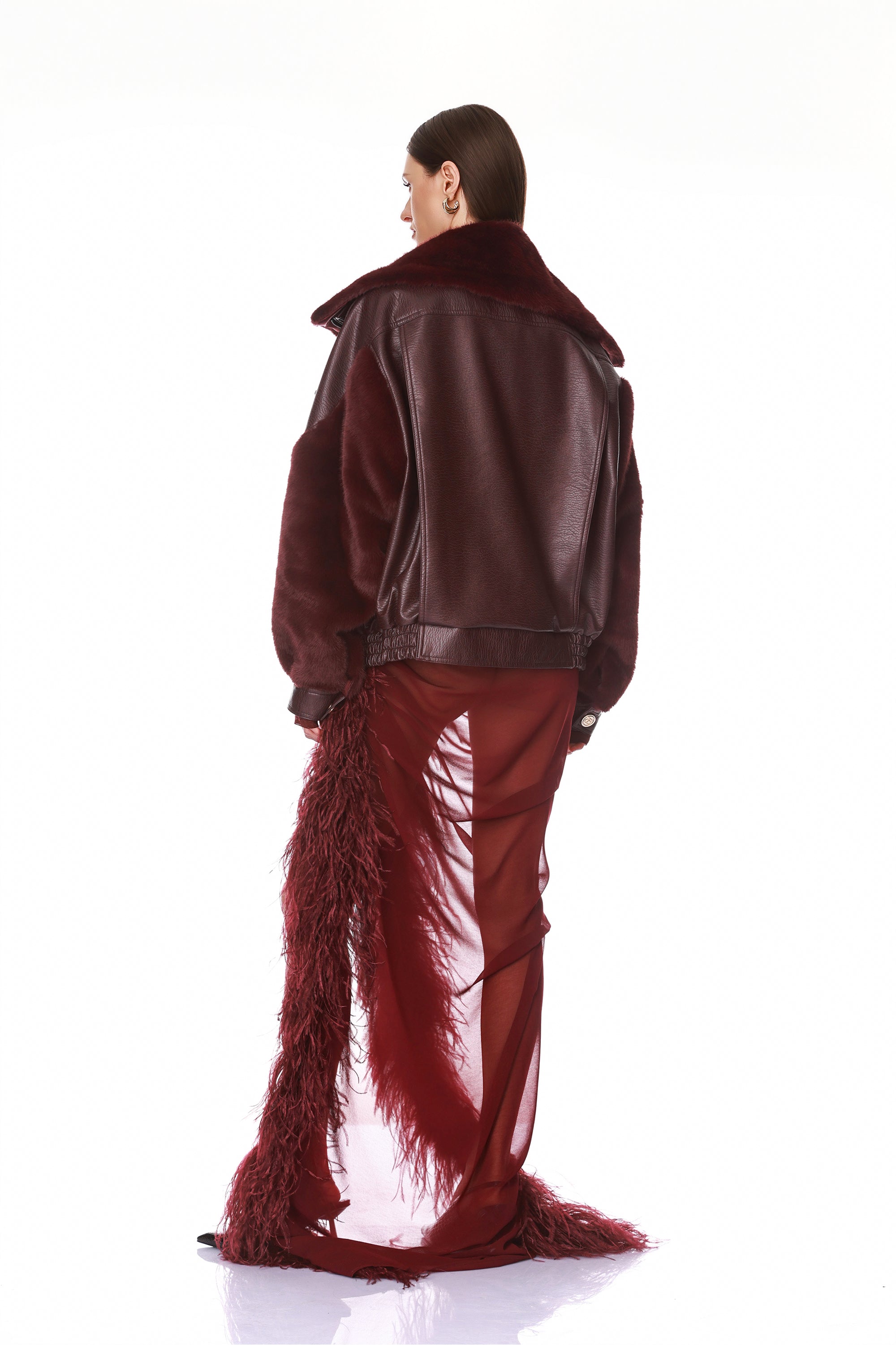 Two Tone Vegan Faux Fur & Leather Jacket + Gaia Mesh Burgundy Long Sleeve Bodysuit + Elle Burgundy Skirt