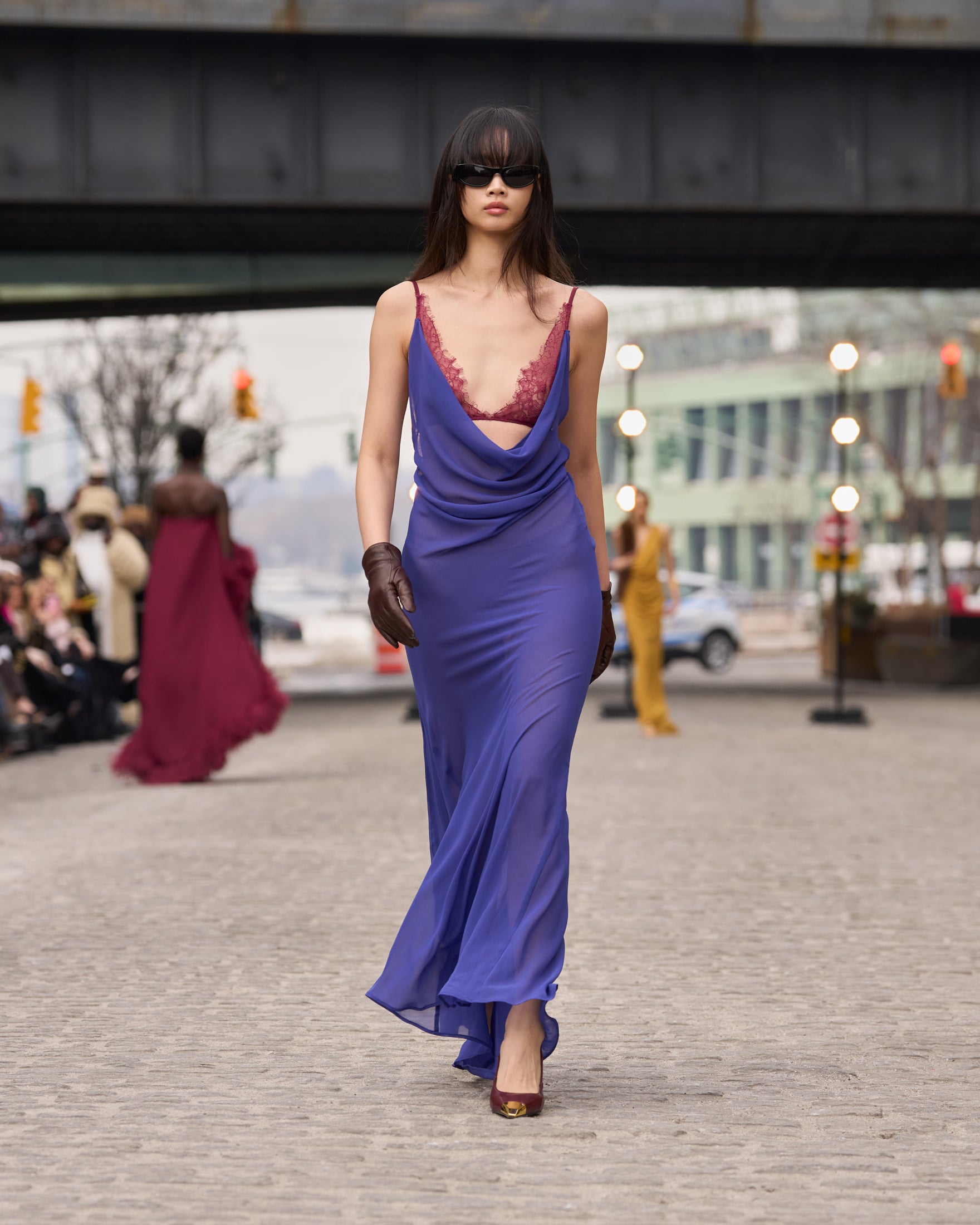 indigo & lace dress Indigo Cowl Neck Lace Detail Gown