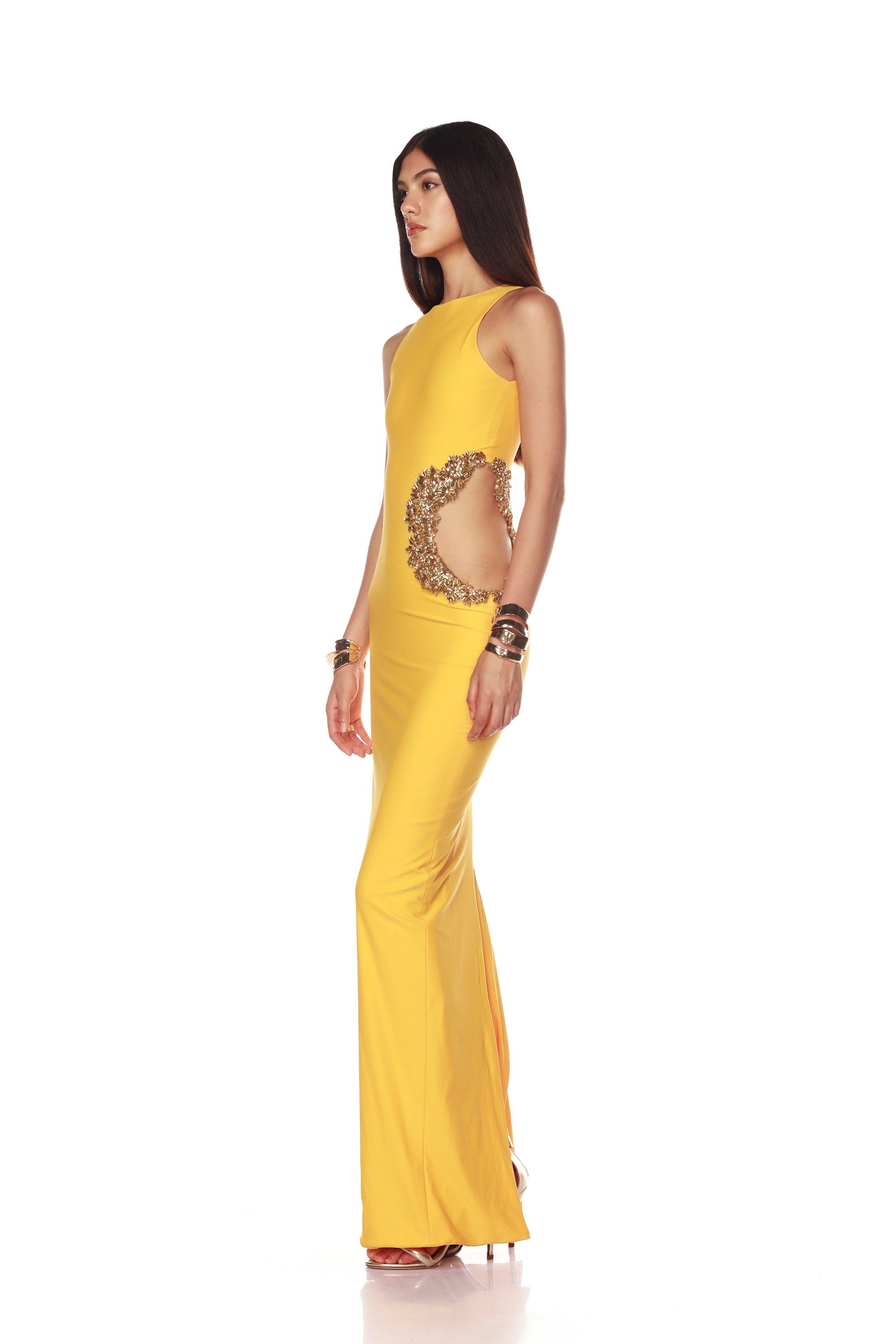 Camila Yellow Rhinestone Cutout Maxi Dress