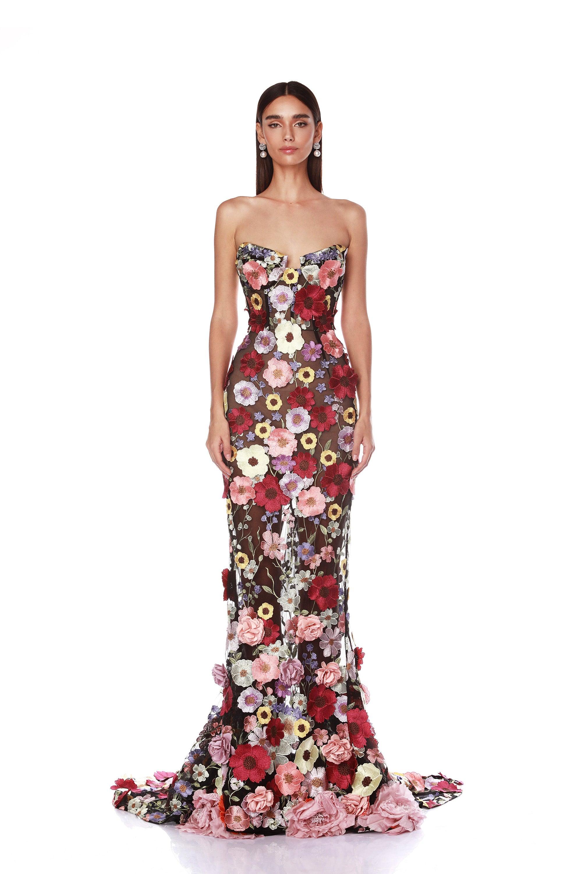 Jasmine Multi Floral Strapless Gown