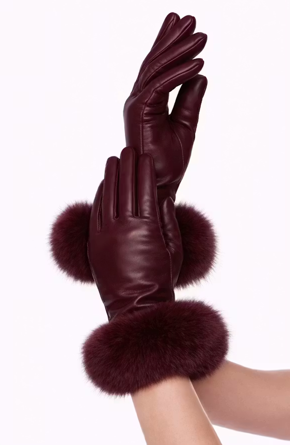 Fur Short Leather Gloves in Burgundy