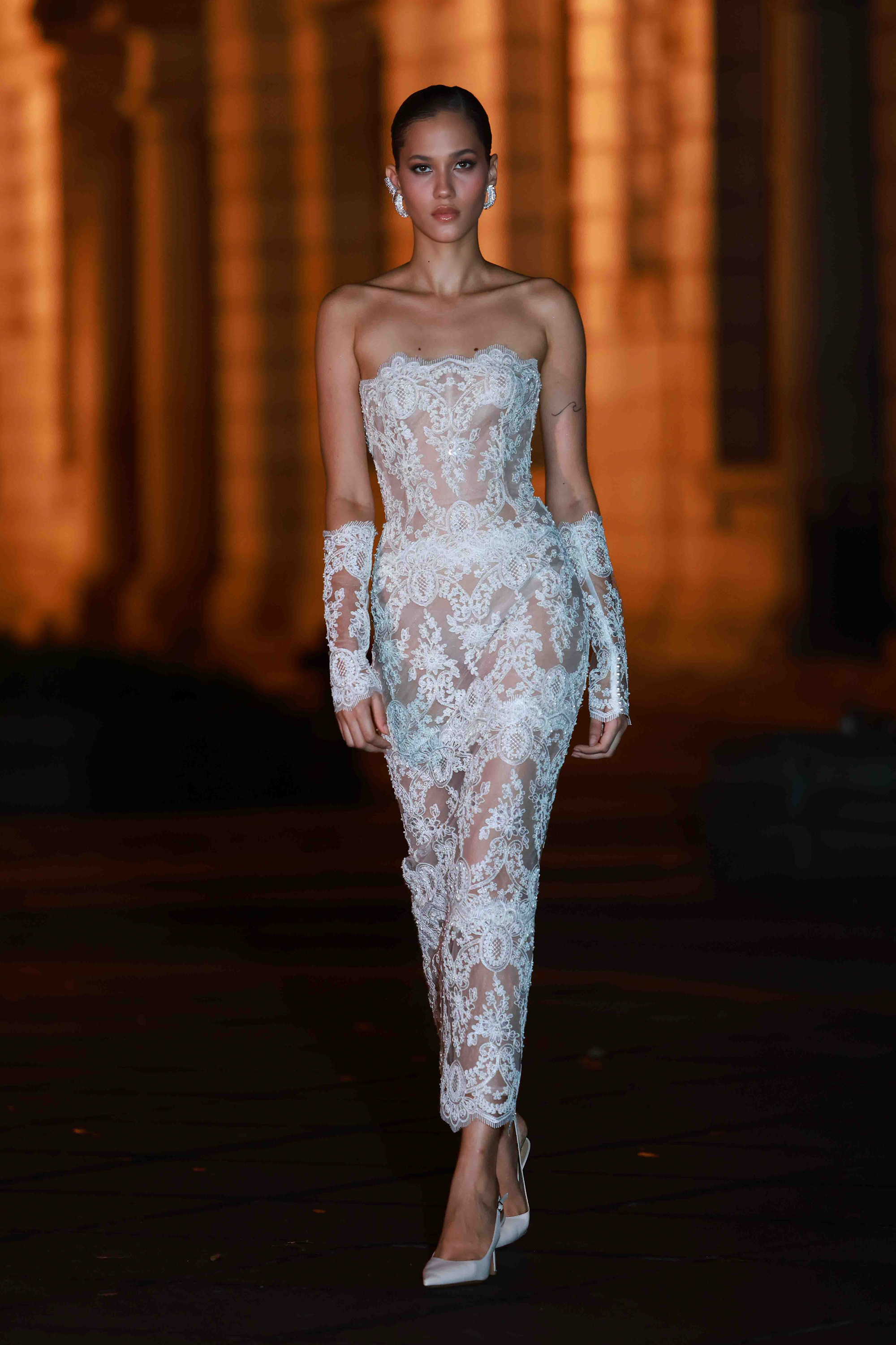 knee length dresses for ladies Ivory and Almond Nomad Lace Gown with Almond Pleated Tulle Skirt