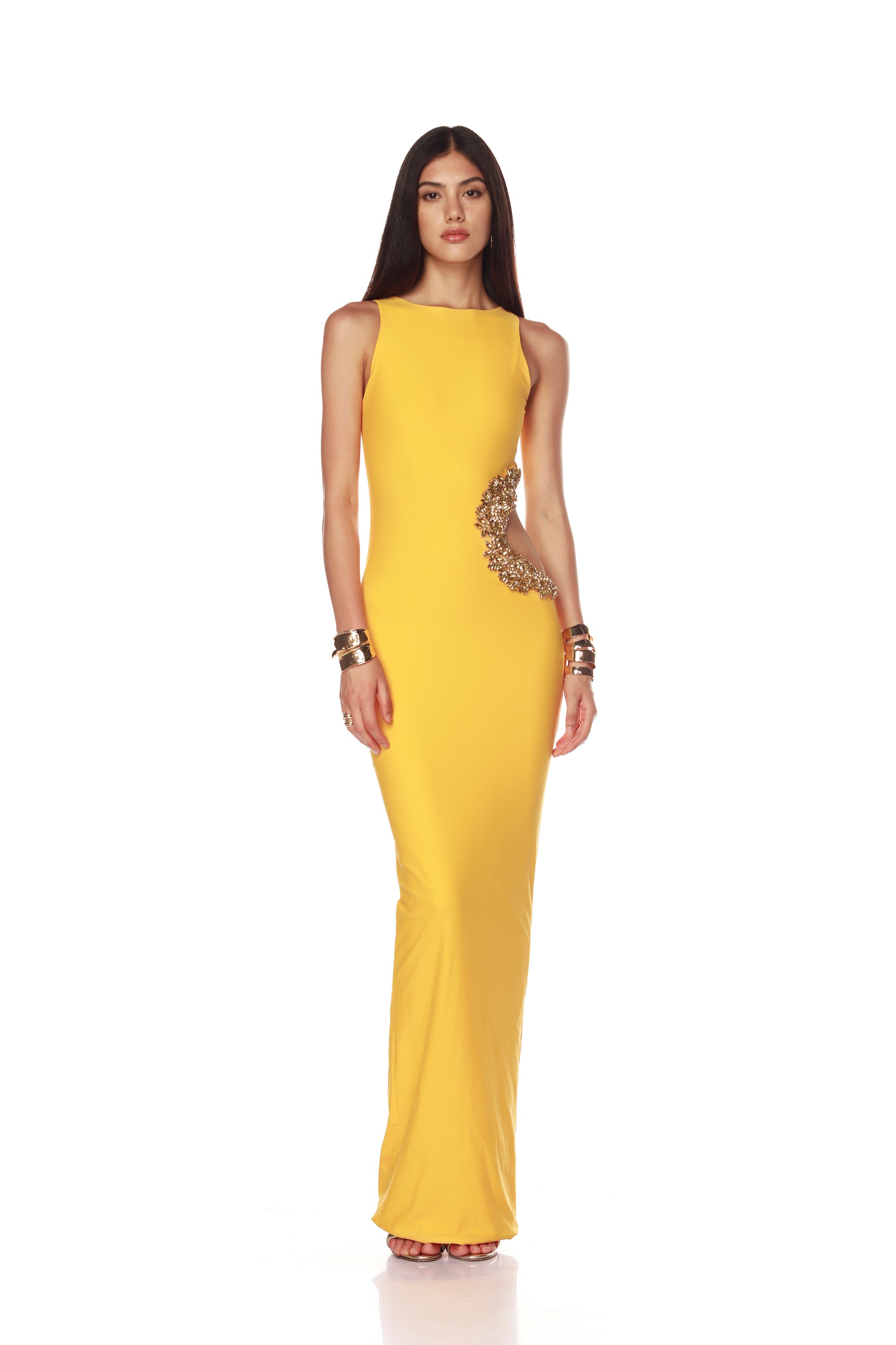 Camila Yellow Rhinestone Cutout Maxi Dress